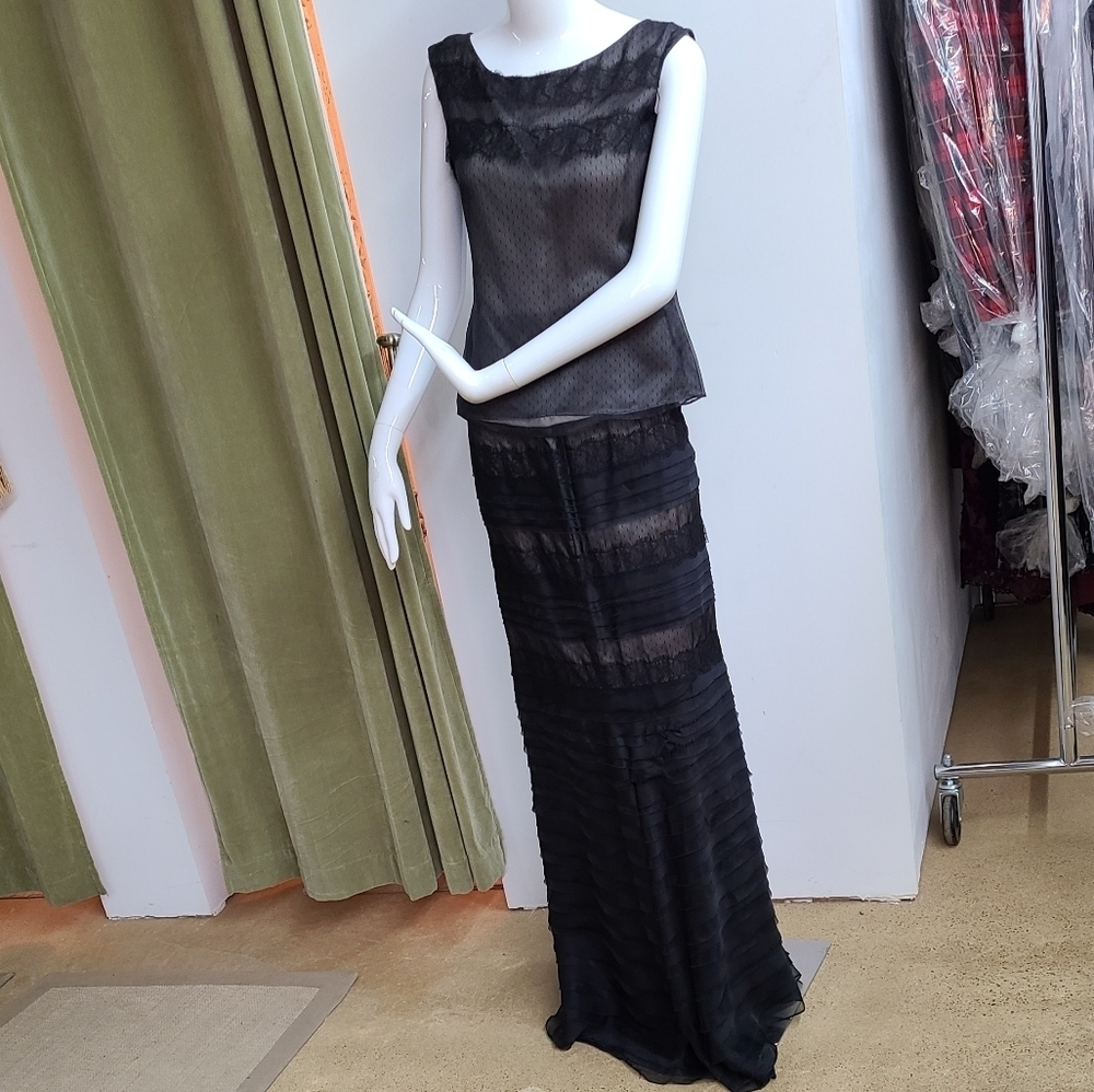 Carolina Herrera 2 Piece Black Silk Lace Trimmed Top & Layered Maxi Skirt